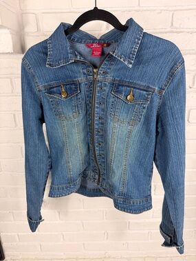 SO Juniors Denim Zip Front Stretch Jean Jacket Large Y2K Fitted Casual